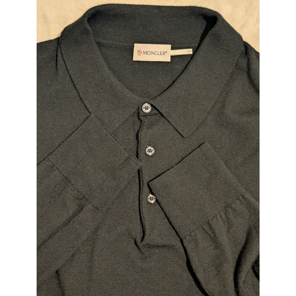Moncler Maglione Tricot Polo Shirt, Men's XL Black Long Sleeve Wool Shirt